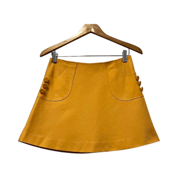 H&M Mustard Yellow A-Line Mini Skirt Size 38 Cotton Retro Mod 60s Button Detail Lined