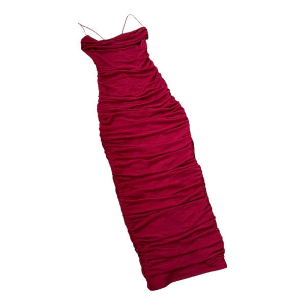 Red ruched midi dress