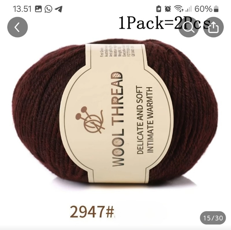 2krt/50g Viininpunainen villalanka
