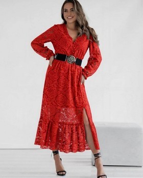 Red lace midi dress