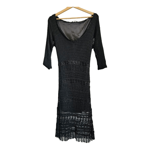 GUESS Black Crochet Midi Dress Size M Viscose Boho Lace Open Knit 3/4 Sleeve