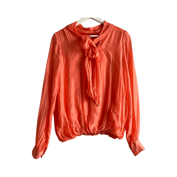Mosaic silk blend blouse in apricot orange – elegant tie neck top, size S