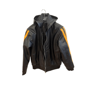 Black leather hooded jacket