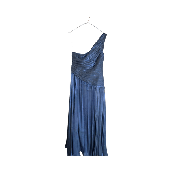 Forever New metallic one shoulder drop hem maxi dress in blue