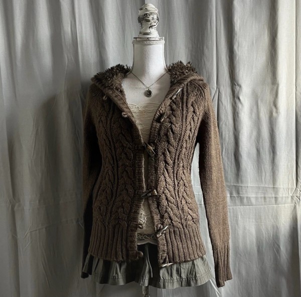 Brown cable knit hooded fur cardigan