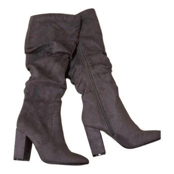 Grey heeled knee-high boots