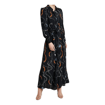 NAF NAF Maxi Dress Black Chain Print Belted Long Sleeve 100% Viscose Size 36
