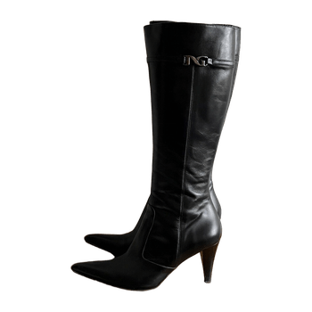 Nero Giardini Black High-heel Knee-high Leather Boots with Pointed Toe
