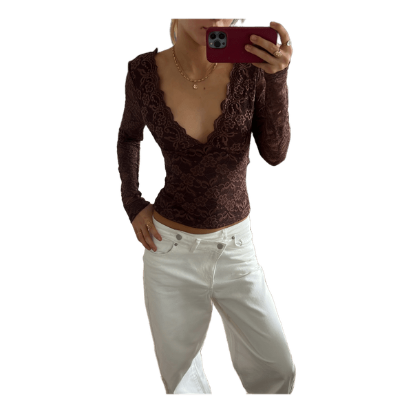 Brun blonde bluse med blonder