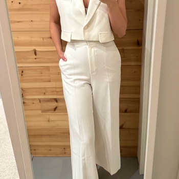 beige sleeveless blazer and trousers set
