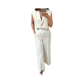 beige sleeveless blazer and trousers set