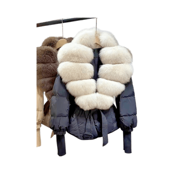 Black puffer jacket with natural fur collar