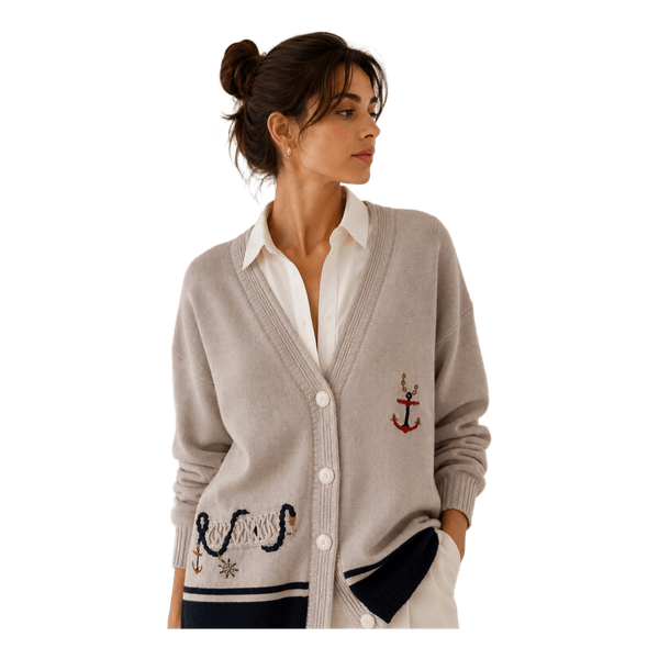 Beige brodeerattu neuletakki: Verona Nautical Cardigan – Embroidered Anchor & Rope – 80s/90s