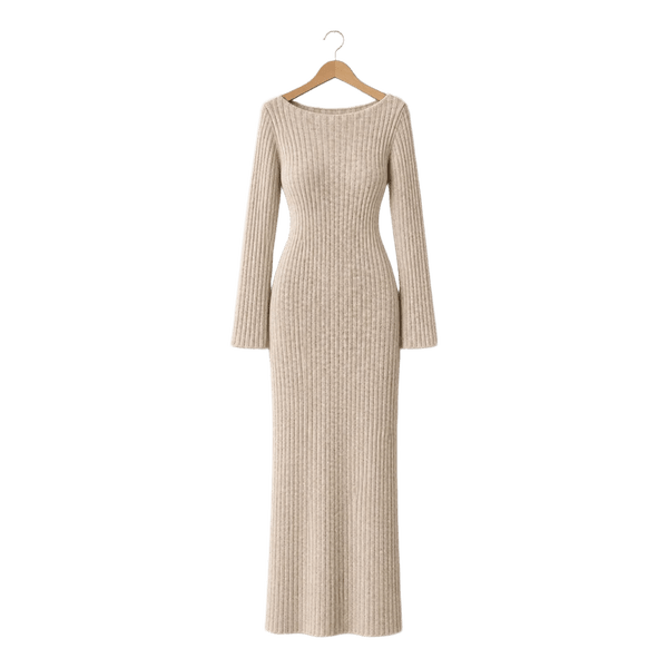 Beige ribstrikket maxikjole