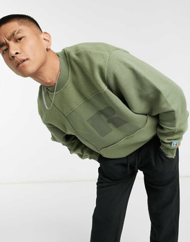 Khaki fleece patchwork sweatshirt