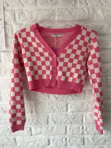 Pink checkered cropped cardigan
