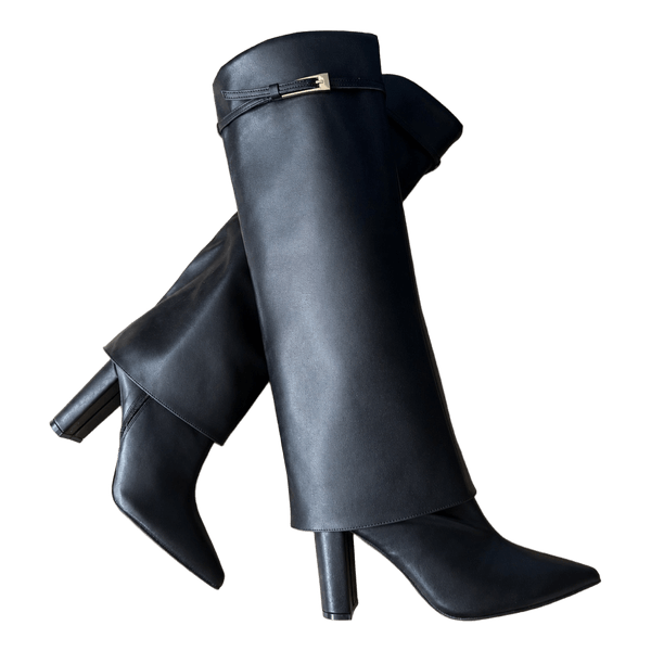 Black leather heeled boots