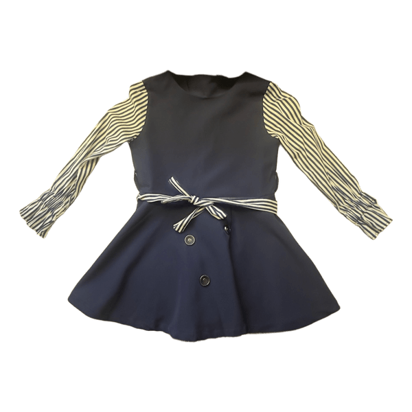 Navy dress with striped sleeves