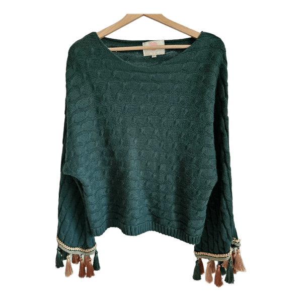LM Lulu Green Cable Knit Tassel Sleeve Sweater Size M Boho Festival Statement