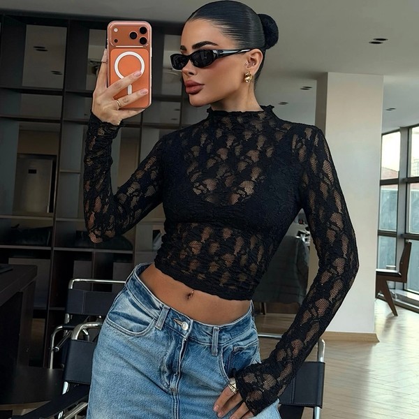Black Lace Transparent Blouse