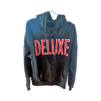 Black hoodie with 'DELUXE' print