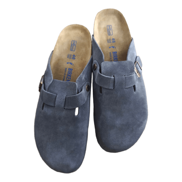 Grey suede Birkenstock clogs