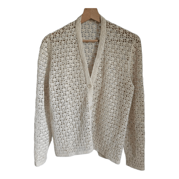 Vintage Wool Crochet Cardigan Cream Handmade Open Knit Boho Cottagecore Size M
