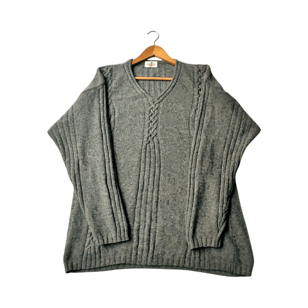 Vintage Flowerfields Wool Blend Cable Knit V-Neck Sweater - Grey - L/XL
