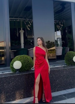 Red one-shoulder maxi dress