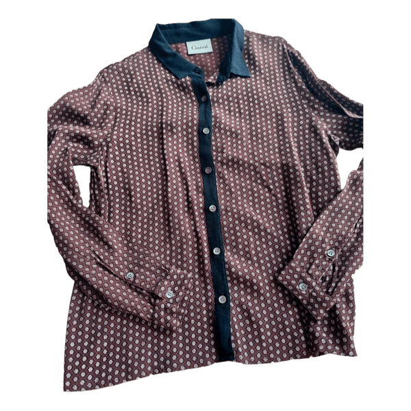 GANNI Printed Viscose Shirt Size S – Burgundy Contrast Collar