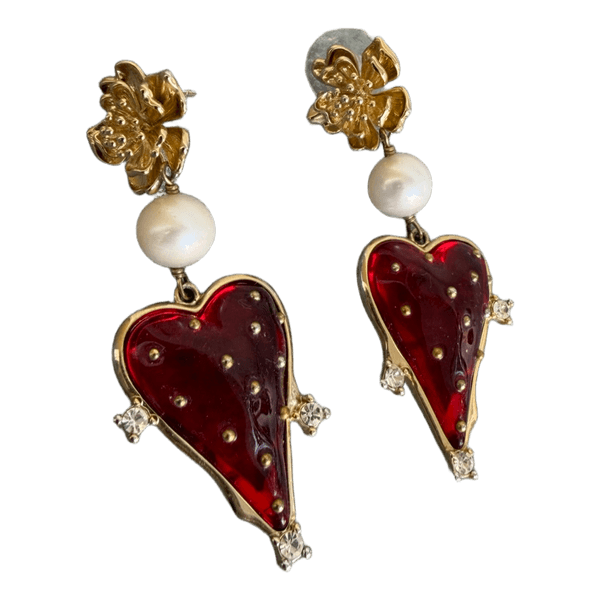 Gold red heart earrings