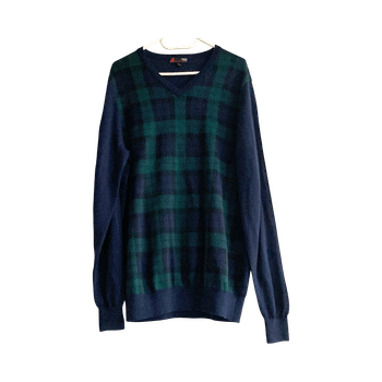 Dressmann merino wool blend checkered sweater – size L, green navy V-neck