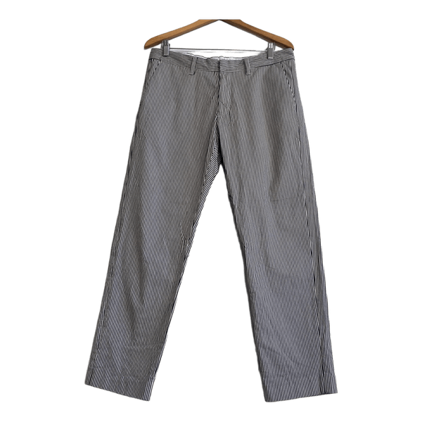 HOPE Stockholm Striped Cotton Trousers Unisex W38 Men EU48 Straight Fit  HOPE by Ringstrand Söderberg Stockholm striped trousers in excellent condition. A premium Scandinavian designer piece with timeless narrow navy and white stripes. These trousers have a clean straight-leg silhouette and are suitable for both men and women (unisex). Made in Lithuania from high-quality cotton with a touch of str