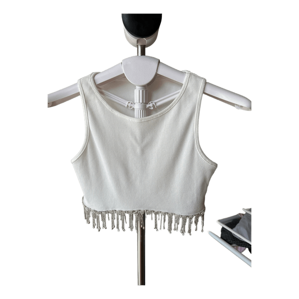 White rhinestone fringe crop top