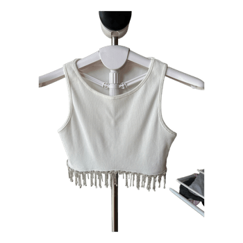 White rhinestone fringe crop top