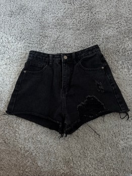 Black distressed denim shorts