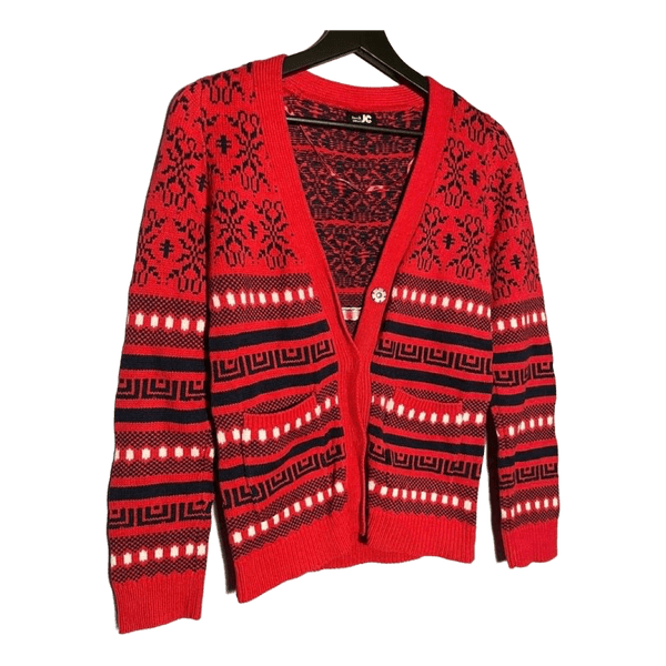 Red patterned knit cardigan