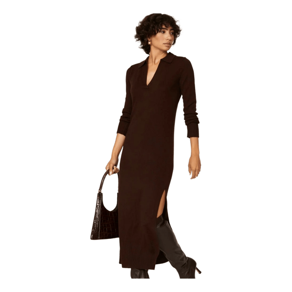 STAUD Brown Merino Wool Knit Maxi Dress S Long Sleeve Polo Quiet Luxury
