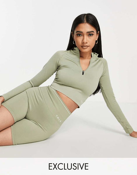 Khaki zip front crop top