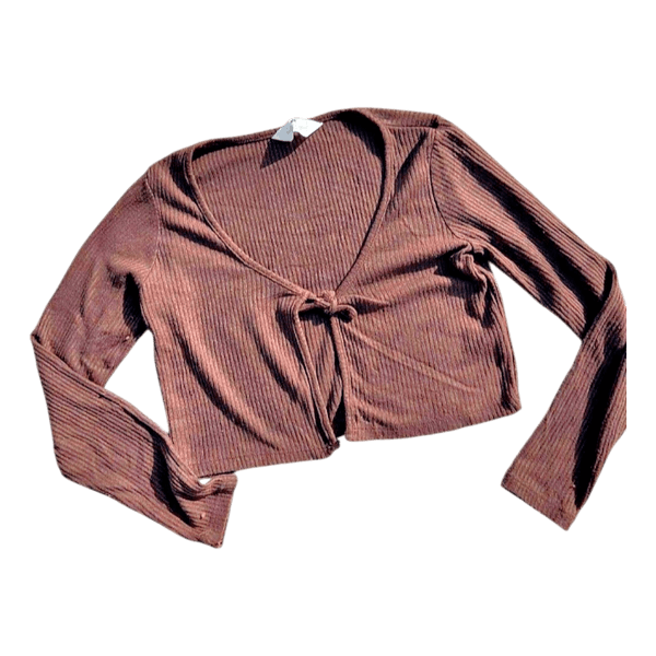 Brown ribbed tie-front top