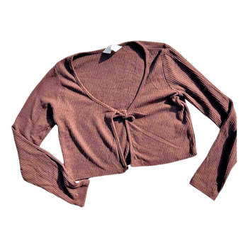 Brown ribbed tie-front top