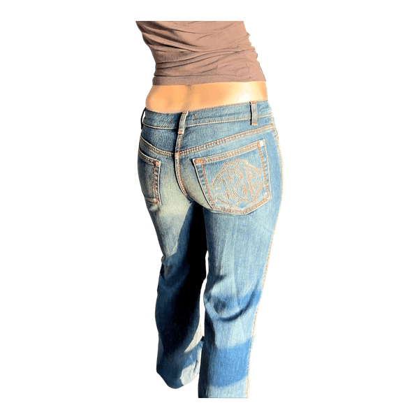 Vintage Roberto Cavalli Y2K Jeans Rhinestone Logo Leopard Print Lining size 40 (fits like 36)