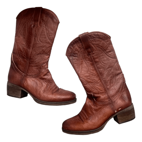 Brown leather cowboy boots