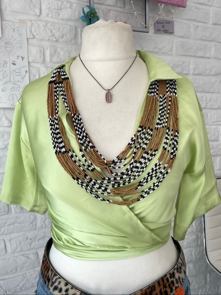Green satin wrap top