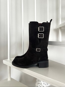 Dark brown suede leather buckle boots