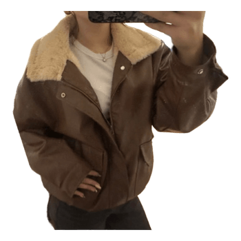 Brown bomber faux leather jacket