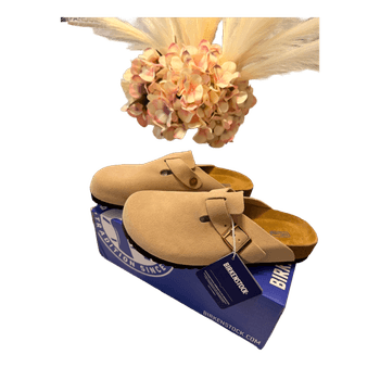 Beige suede Birkenstock clogs