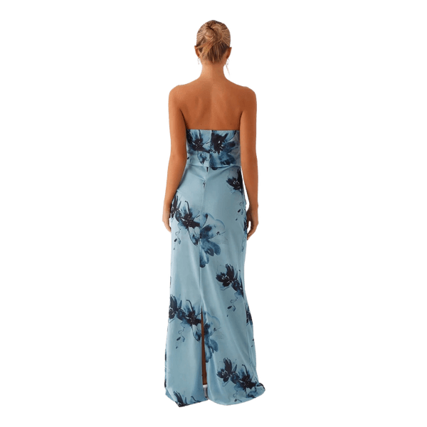 Blue floral strapless maxi dress