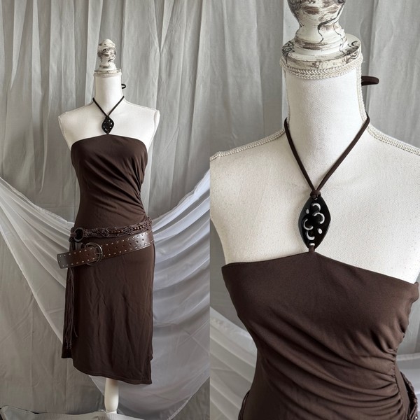 Brown halter beach summer neck dress