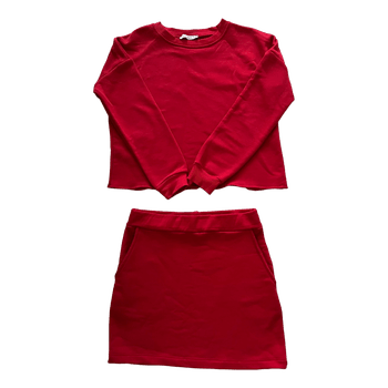 Red sweatshirt and skirt set